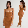 AKARI BROWN RUCHED MAXI Dress with STRAPS