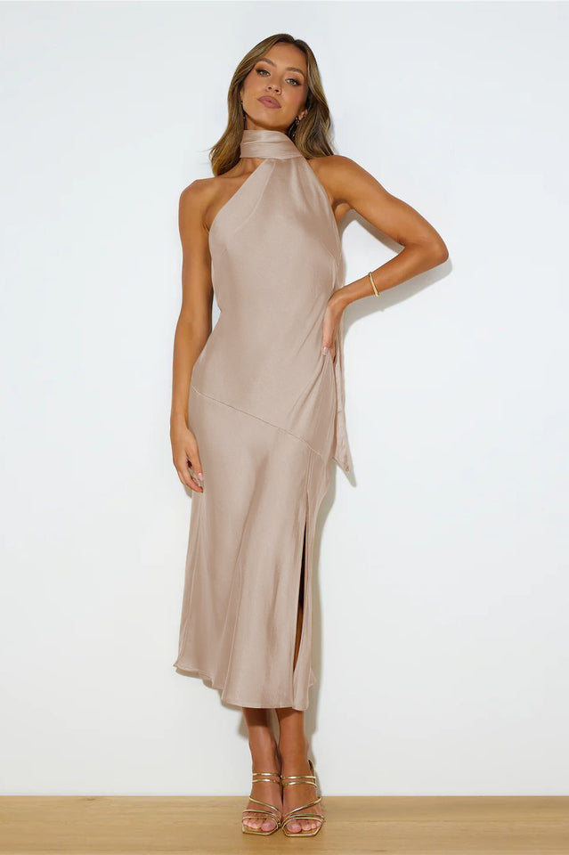 Slinky Open Back Halter Satin Dress by