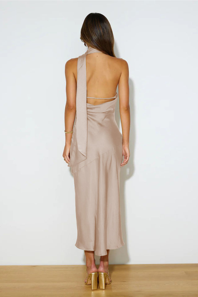Slinky Open Back Halter Satin Dress by