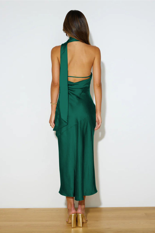 Slinky Open Back Halter Satin Dress by