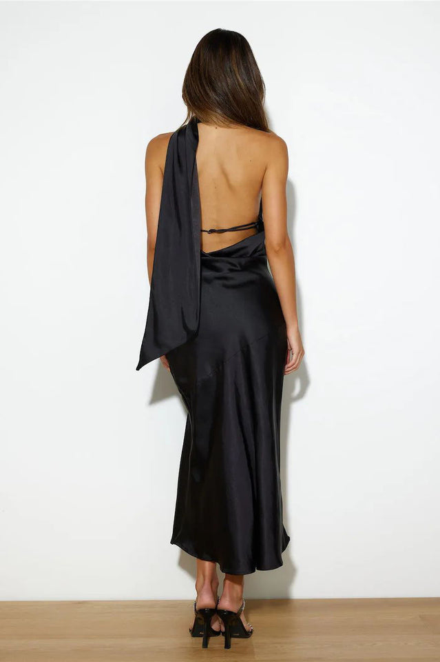 Slinky Open Back Halter Satin Dress by