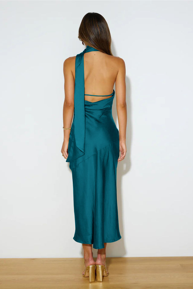 Slinky Open Back Halter Satin Dress by