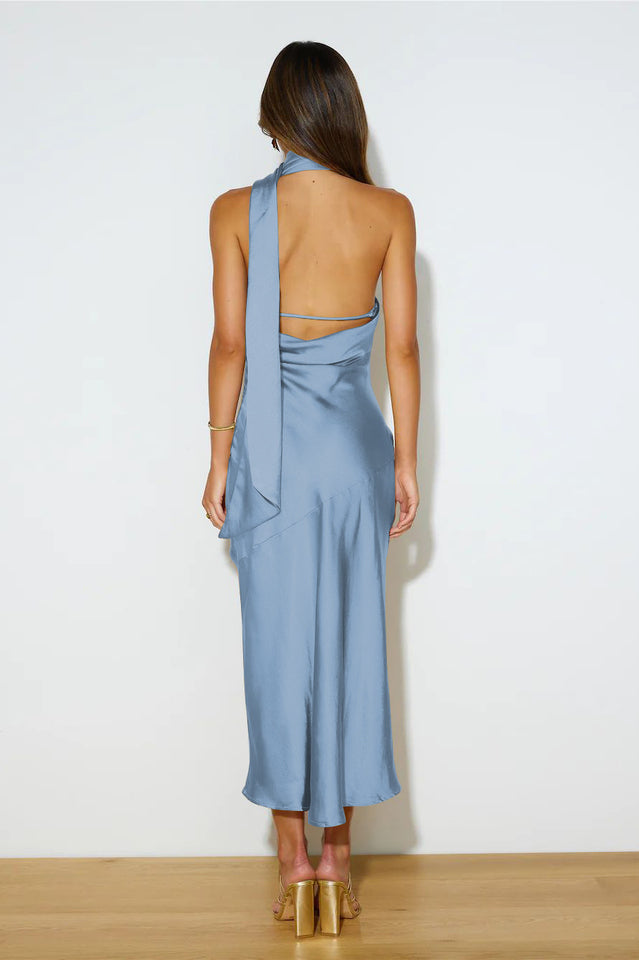 Slinky Open Back Halter Satin Dress by