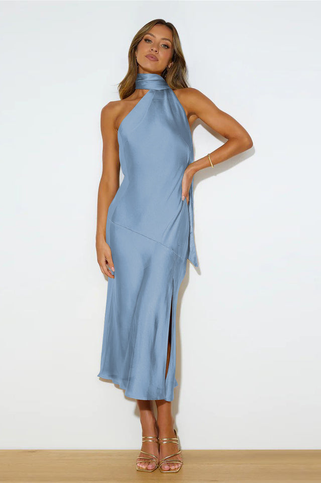 Slinky Open Back Halter Satin Dress by