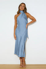Slinky Open Back Halter Satin Dress by