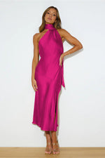 Slinky Open Back Halter Satin Dress by