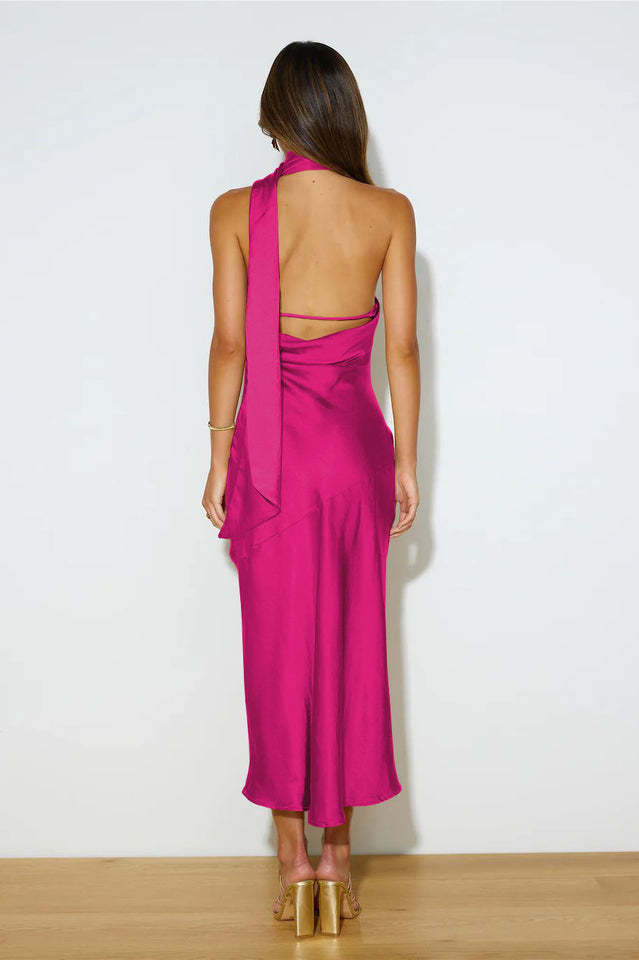 Slinky Open Back Halter Satin Dress by