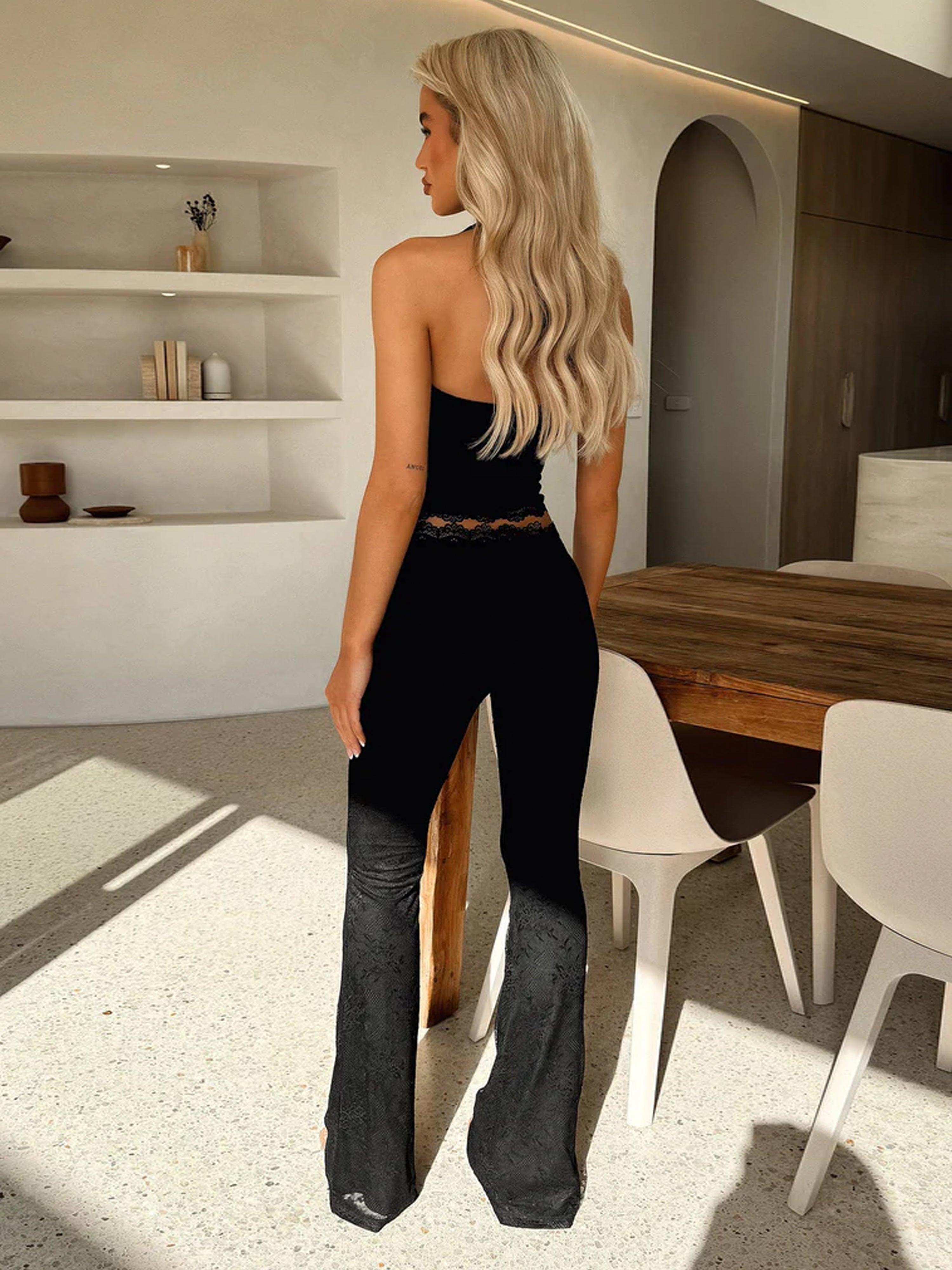 Ariana Lace Trim Two-Piece Set for Women – Halter Top & Flared Pants