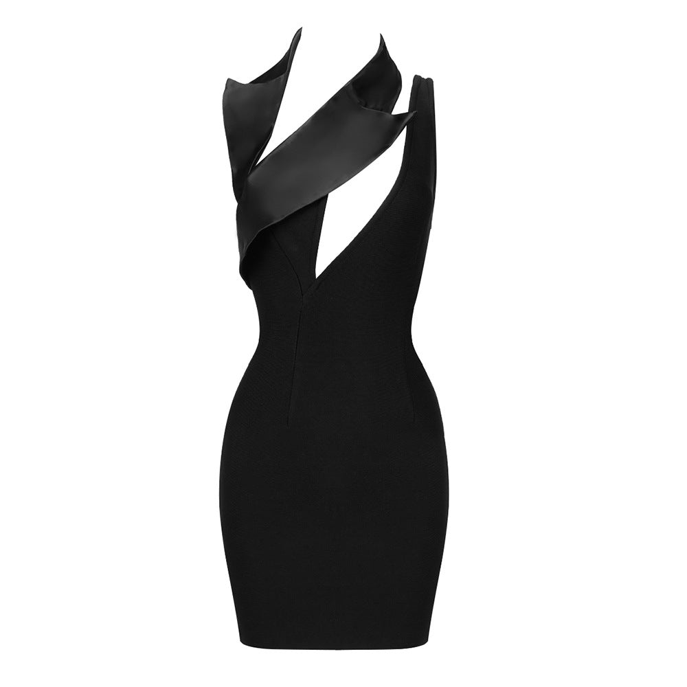Ayno Jacket Collar Hollow Out Black Mini Dress