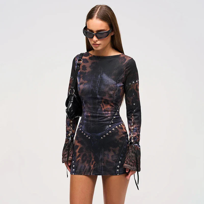 Leopard Flared Sleeve Mini Gown