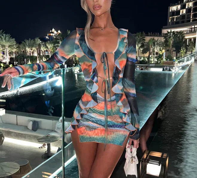 Tie-Dye Long Sleeve Slit Mini Gown