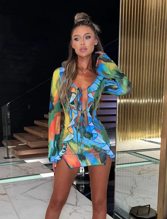 Tie-Dye Long Sleeve Slit Mini Gown