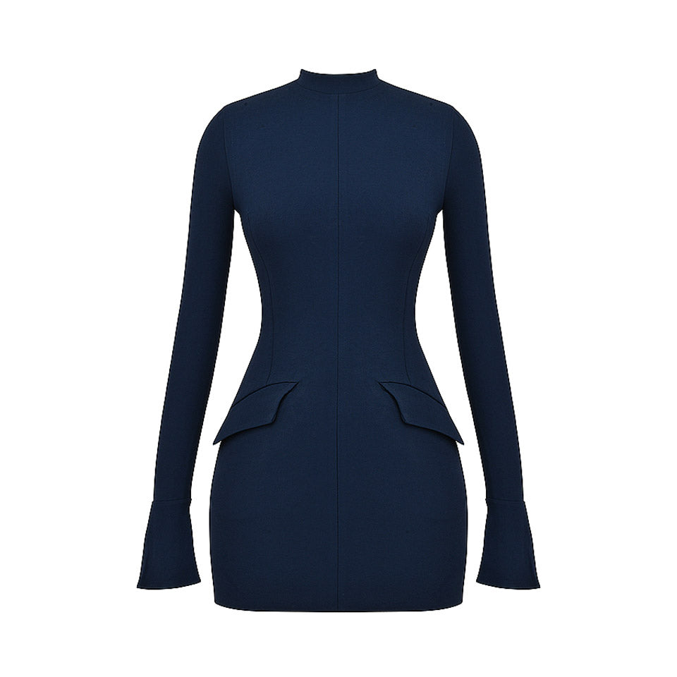 DARK BLUE Mini Dress with Pockets and Long SleeveS