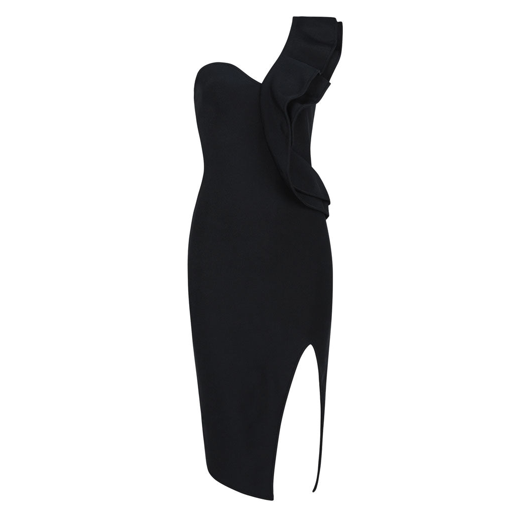 Ruffle One Shoulder High Slit Deep V Midi Party Dress Designed for You